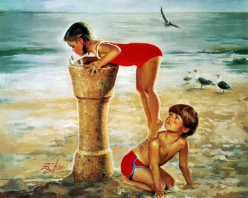 kids playing beach side impressionism Oil Paintings